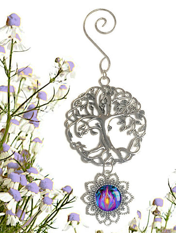 Tree of Life Pewter Hanging Ornament with Violet Flame Art Pendant-"Transmutation"