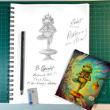 Pencil sketch of a yoga frog in tree pose balancing on a mushroom with the finished full color greeting card at the bottom. 