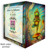 Opened front and back of a colorful greeting card of a frog balancing in the tree pose on a mushroom and wearing a mushroom crown. Illustrated and created by Primal Painter.