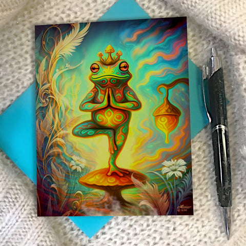 Colorful greeting card of a frog balancing in the tree pose on a mushroom and wearing a mushroom crown. Illustrated and created by Primal Painter.