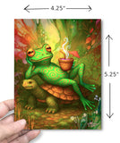 Dimensions of a greeting card featuring a colorful illustration of a frog lounging on a turtle with a cocktail, illustrated and created by Primal Painter.