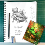 Artistic depiction of a frog and turtle on paper with a colored version greeting card next to it, on a green grid background.