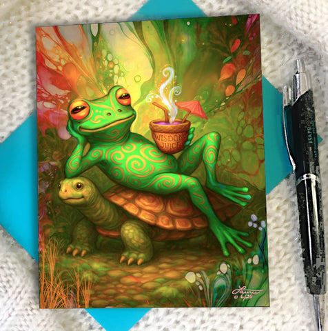 Colorful illustration of a frog lounging on a turtle with a cocktail, illustrated and created by Primal Painter.