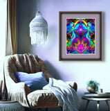 A vibrant and colorful abstract art print featuring twin flame angels with a heart-shaped violet flame, symbolizing love and spiritual transformation. Art by Primal Painter. Framed hanging over a chair