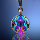 Twin Flames Heart Necklace in a round copper setting under glass.