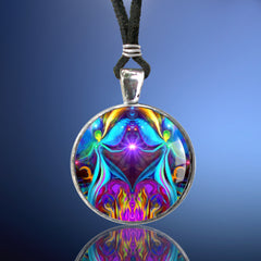 Handmade twin flames art necklace featuring two angels hand in hand above a heart by Primal Painter
