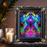 A vibrant and colorful abstract art print featuring twin flame angels with a heart-shaped violet flame, symbolizing love and spiritual transformation. Art by Primal Painter. Framed on a shelf with candles