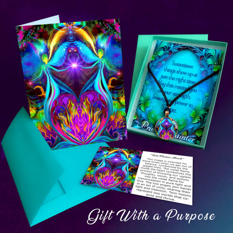 Twin Flames 3 piece gift set with wearable art necklace, matching art card, and symbolism card. Gift Box