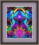 A vibrant and colorful abstract art print featuring twin flame angels with a heart-shaped violet flame, symbolizing love and spiritual transformation. Art by Primal Painter. Matted and framed