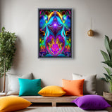 A vibrant and colorful abstract art print featuring twin flame angels with a heart-shaped violet flame, symbolizing love and spiritual transformation. Art by Primal Painter. Framed hanging over a meditation space with colorful pillows