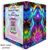 Front and back view of a twin flames art greeting card, text and title on the back