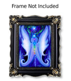 Two white and blue twin flame angels stand face to face, the full spectrum of chakra colors aligned between them, a starburst blazing above their heads and twin moons grounding them at the base. Art print called Twin Souls  by Primal Painter. Framed with text Frame Not Included