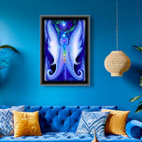 Two white and blue twin flame angels stand face to face, the full spectrum of chakra colors aligned between them, a starburst blazing above their heads and twin moons grounding them at the base. Art print called Twin Souls  by Primal Painter. Framed on a blue wall over a blue couch