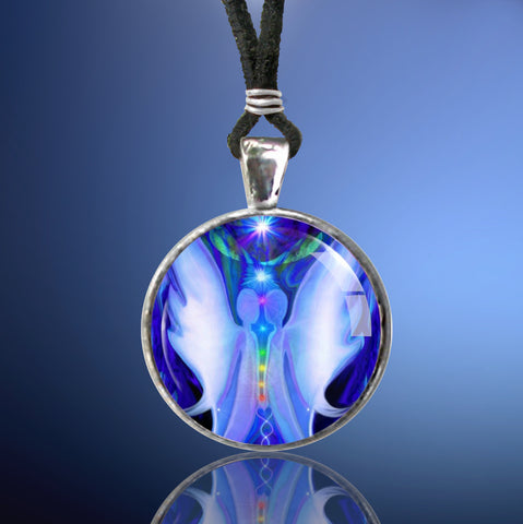 round necklace with blue and white twin flame art by Primal Painter featuring two angels face to face with the chakra colors between them, hidden words in the image, reik jewelry