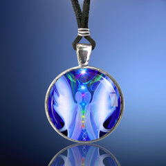 round necklace with blue and white twin flame art by Primal Painter featuring two angels face to face with the chakra colors between them, hidden words in the image, reiki jewelry