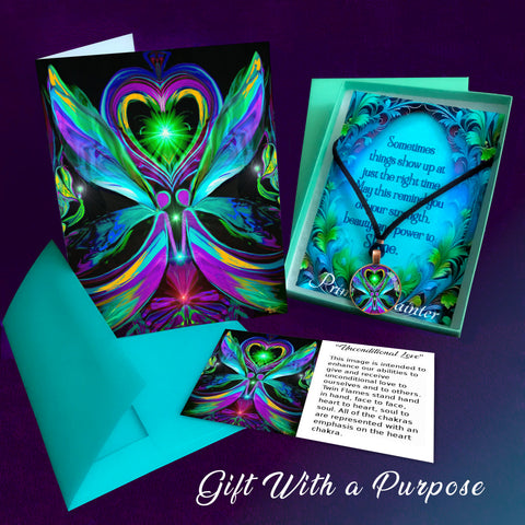 3 piece gift set with twin flame art card, matching necklace and symbolism card. Gift box. 