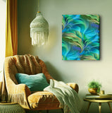 A stretched canvas print featuring abstract blue and green art, Art by Primal Painter.