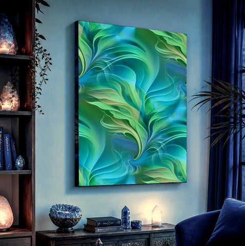 A stretched canvas print featuring abstract blue and green art, Art by Primal Painter hanging in a blue living room