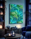 A stretched canvas print featuring abstract blue and green art, Art by Primal Painter. hanging in a blue sitting room