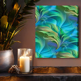 A stretched canvas print featuring abstract blue and green art, Art by Primal Painter. hanging above a shelf with candles