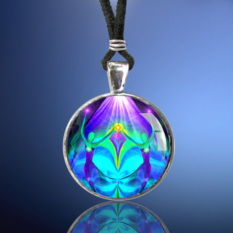 round necklace featuring purp.e and teal twin flame angel art by Primal Painter of twin flames hand in hand under a purple ray and healing a broken heart, sealed under glass