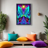 Vibrance by Primal Painter is an angel photo print featuring a brightly colored angel in rainbow colors with a yellow starburst overhead and orbs in her hands with two angels flanking her on the sides against an abstract psychedelic background. Framed hanging over a meditation space with colorful pillows