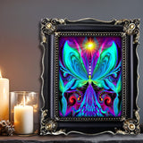 Vibrance by Primal Painter is an angel photo print featuring a brightly colored angel in rainbow colors with a yellow starburst overhead and orbs in her hands with two angels flanking her on the sides against an abstract psychedelic background.  Framed on a shelf with candles