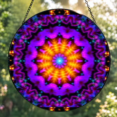 Textured glass mandala suncatcher featuring violet flame mandala artwork by Primal Painter in vivid purple, reds and orange. 