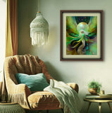 Framed wall art featuring an abstract fantasy angel illustration in vibrant green, teal, and gold tones, displayed in a dark wood frame on a beige wall above a brown velvet armchair in a styled living room. The Eternal Becoming by Viridia the Everseed.