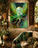 A vertical fantasy art print depicting a glowing fairy-like figure with flowing green and teal wings around a large moon, displayed on a rustic wall in a cozy, decorated room with a sofa, candles, and plants. Viridia the Everseed by Primal Painter