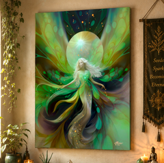 A vertical canvas wall art print depicting a glowing fantasy fairy with flowing green, teal, and gold wings, displayed on a beige wall in a styled room with plants and a decorative banner. Viridia the Everseed by Primal Painter