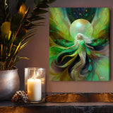 A vertical canvas art print featuring a fantasy fairy illustration in vibrant shades of green, yellow, and gold, displayed on a wall above a mantel with a lit candle and a potted plant. Viridia the Everseed by Primal Painter