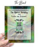A hand holds a printed story card showing the back of a product titled "The Eternal Becoming with Viridia the Everseed," with decorative text and a QR code over a green and cream abstract background. The word "The Back" appears at the top of the image.