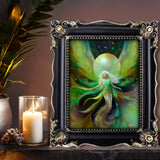 A framed fantasy art print featuring a glowing fairy with green and gold wings, displayed in an ornate black and silver frame on a dark tabletop next to a lit candle and green leaves. Art by Primal Painter