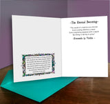 Open story card with text and decorative elements on a wooden surface with a purple background