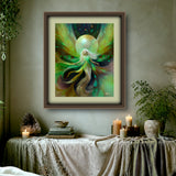 A framed art print featuring a mystical being with flowing green and teal hair in front of a glowing moon, styled on a table with candles, books, and plants in a cozy room setting.  The Eternal Becoming by Viridia the Everseed.
