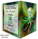 Custom printed story card, showing both sides printed with a fantasy illustration of a fairy in green and gold tones. The front panel includes text reading 'From the Ancient Scrolls of the Primordial Garden - The Eternal Becoming with Viridia  the Everseed' Art by Primal Painter