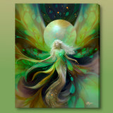 A fantasy art print or canvas featuring a glowing fairy-like woman with flowing white hair, surrounded by luminous green, teal, gold, and brown abstract wing-like forms on a pale green background. The Eternal Becoming by Viridia the Everseed.