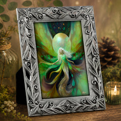An ornate silver picture frame with a leafy scroll border, holding a colorful fantasy art print of a glowing fairy with green and yellow wings, displayed on a wooden surface with a candle and decorative items in the background. Art by Primal Painter