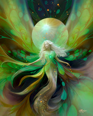 Fantasy digital artwork of Viridia the Everseed with long white hair, a glowing green dress, and large translucent wings in shades of green, yellow, and brown, set against a dark cosmic background with a bright central light.  Art by Primal Painter