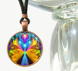 Rainbow angel art necklace with twin moons forming a heart, energy art by Primal Painter