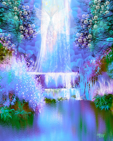 Waterfall Impressionist Art Print, Blue Fantasy Dreamscape by Primal Painter - "Water Sprite"