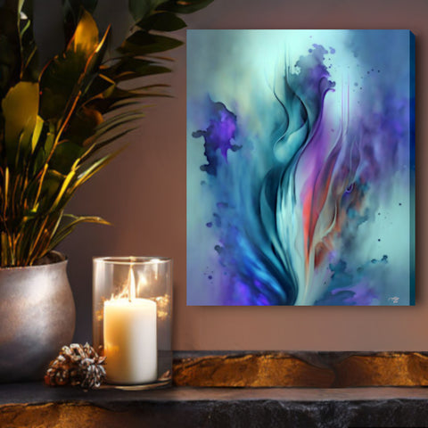 Canvas art print by Primal Painter featuring an abstract impressionist floral print of irises in watercolor style with blues, purples, and teals. Hanging over a wood shelf with a candle