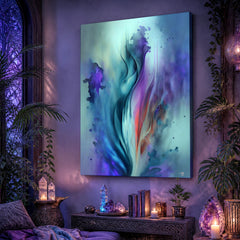 Canvas art print by Primal Painter featuring an abstract impressionist floral print of irises in watercolor style with blues, purples, and teals. Hanging on a purple wall
