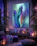 Canvas art print by Primal Painter featuring an abstract impressionist floral print of irises in watercolor style with blues, purples, and teals. Hanging in a boho candlelit living room
