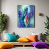 Canvas art print by Primal Painter featuring an abstract impressionist floral print of irises in watercolor style with blues, purples, and teals. Hanging over a meditation bench with colorful pillows