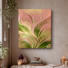 'Wild and Free" by Primal Painter is pastel abstract art canvas print featuring swirls of ochre and green on a tan wall above  a shelf with books and candles