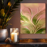 'Wild and Free" by Primal Painter is pastel abstract art canvas print featuring swirls of ochre and green on a tan wall above  a shelf