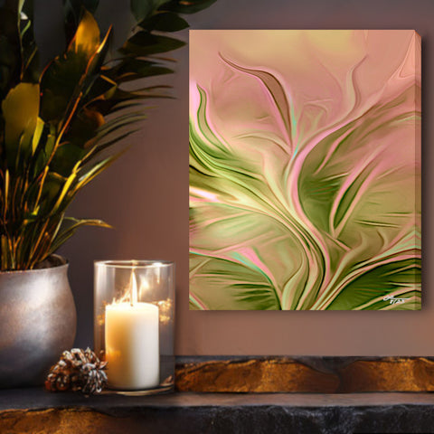 'Wild and Free" by Primal Painter is pastel abstract art canvas print featuring swirls of ochre and green on a tan wall above  a shelf