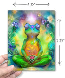 Dimensions of a colorful greeting card with a frog  in a meditation pose and surrounded by flowers. Illustration by Primal Painter.
